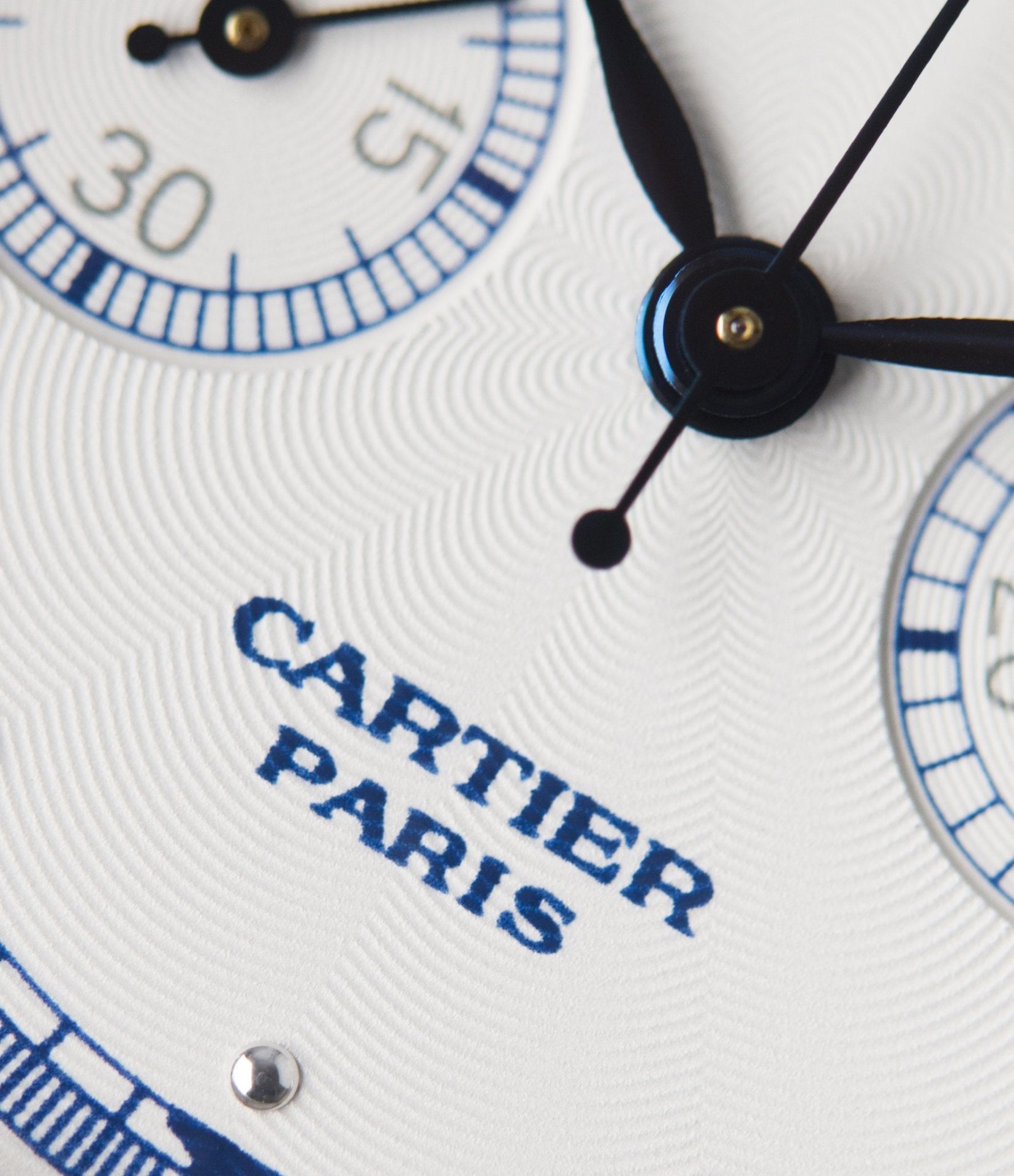 Cartier CPCP Tortue Monopoussoir guilloche on the dial close-up In A Collector’s Guide to the “Collection Privée Cartier Paris” for A Collected Man London