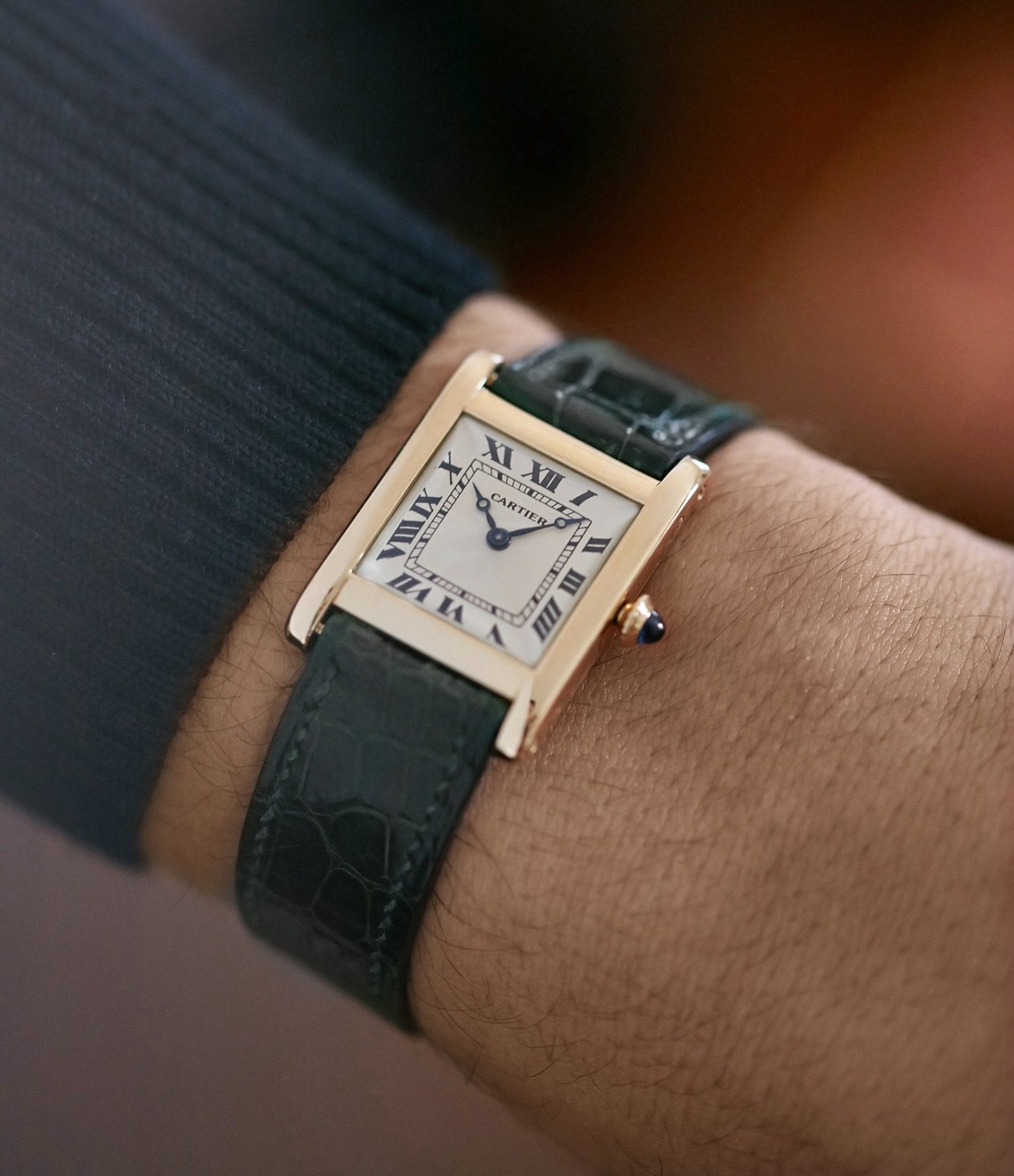 Cartier watch on wrist In A Collector’s Guide to the “Collection Privée Cartier Paris” for A Collected Man London