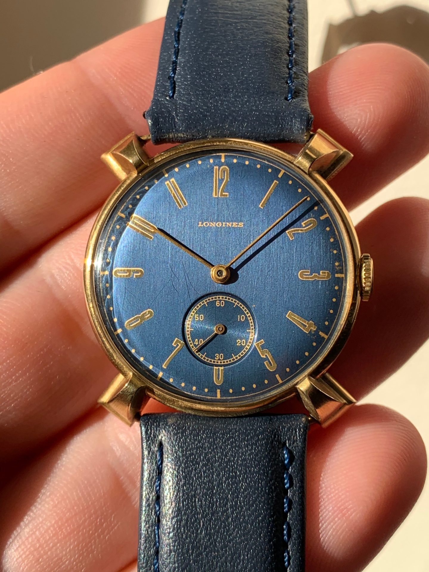 Blue dial vintage Longines possibly unique with shaped lugs for A Collected Man London
