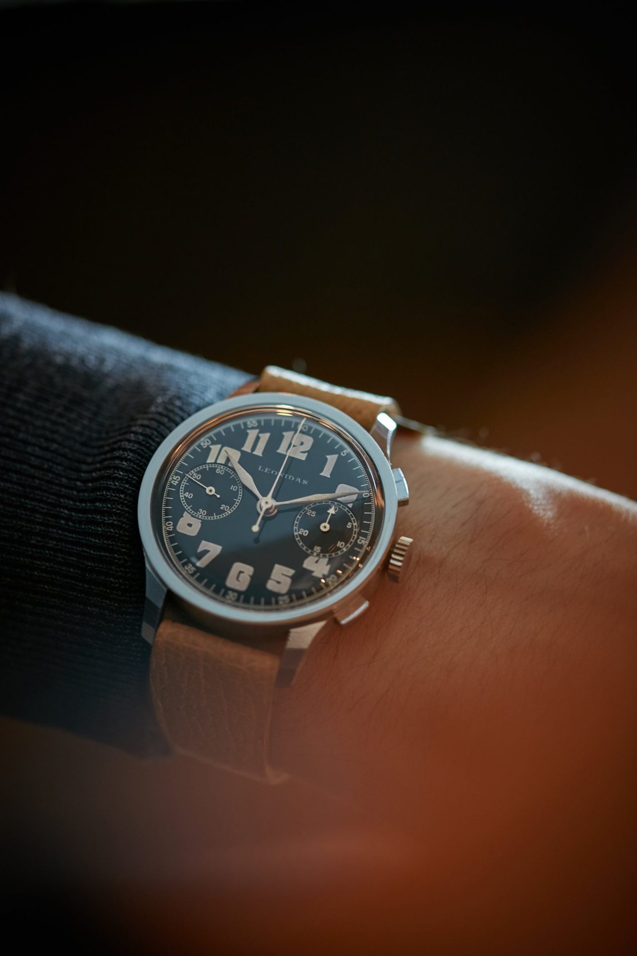 Leonidas chronograph on the wrist vintage pilots watch A Collected Man London
