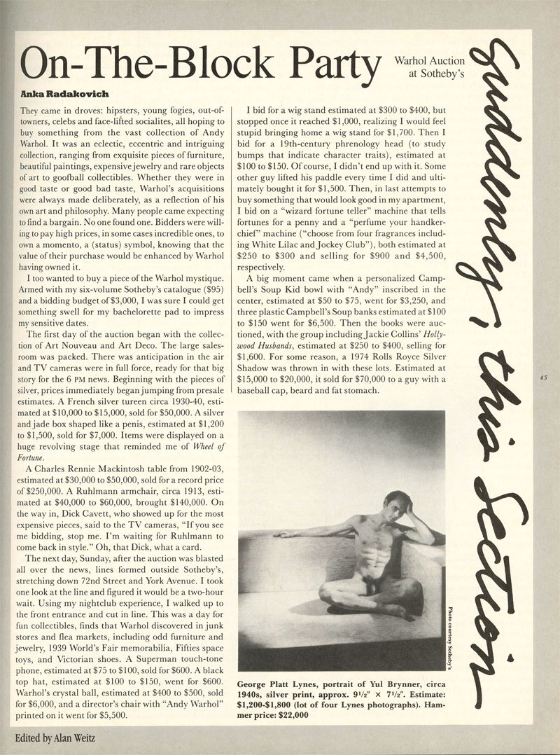 Magazine article about the Warhol estate sale at Sotheby’s in Understanding Andy Warhol as a collector for A Collected Man