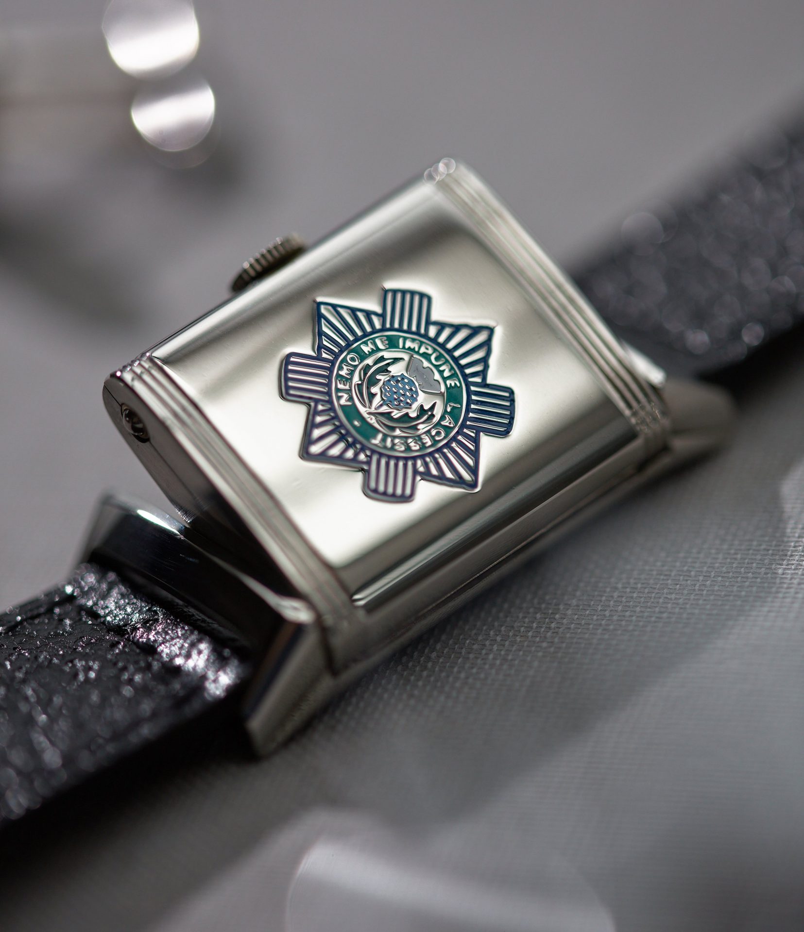 White dial Jaeger-LeCoultre Reverso from 1933 with Order of the Thistle emblem on caseback in The Flippin’ History of the Reverso for A Collected Man