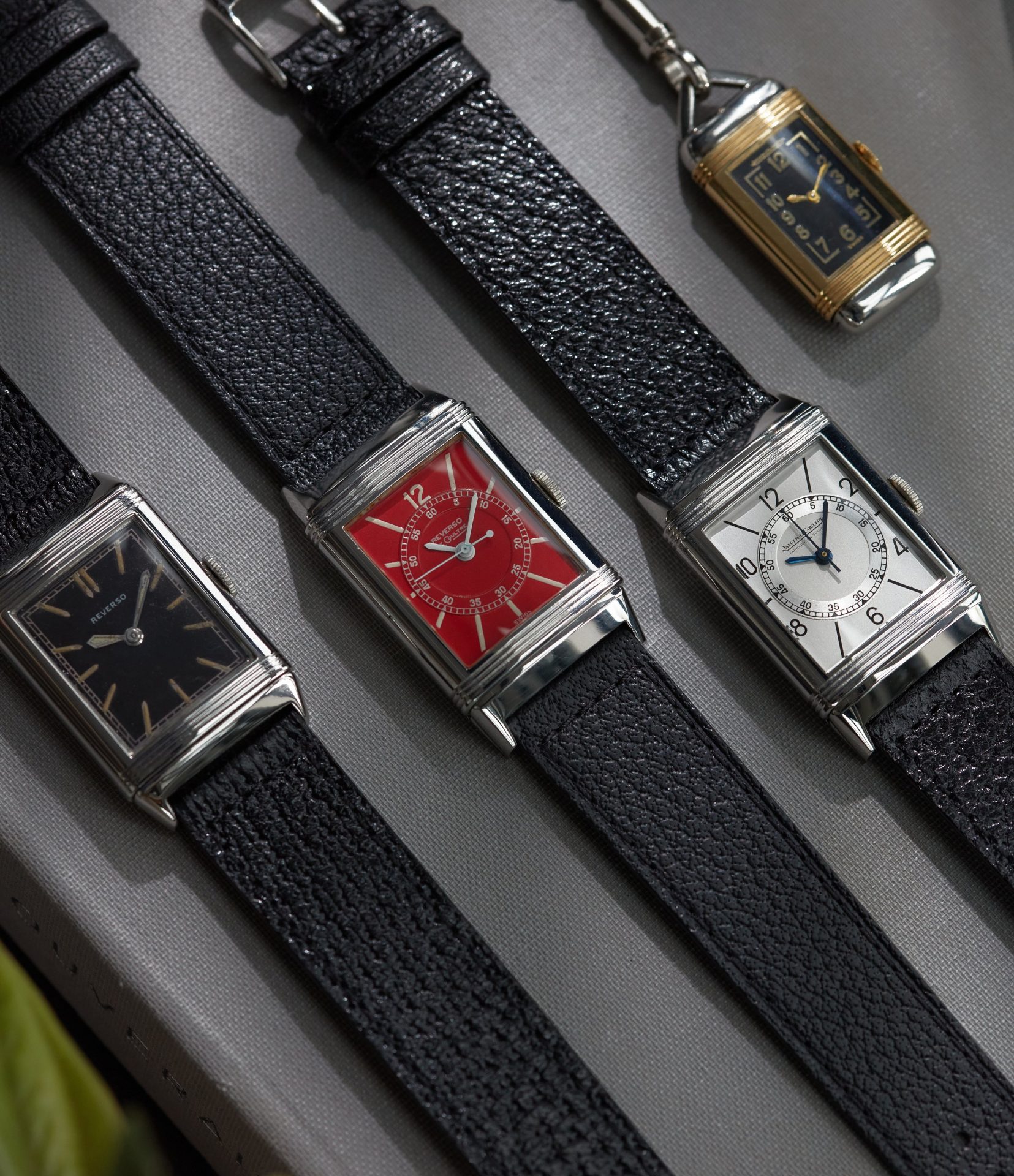 4 vintage Jaeger-LeCoultre Reversos laid down in The Flippin’ History of the Reverso for A Collected Man