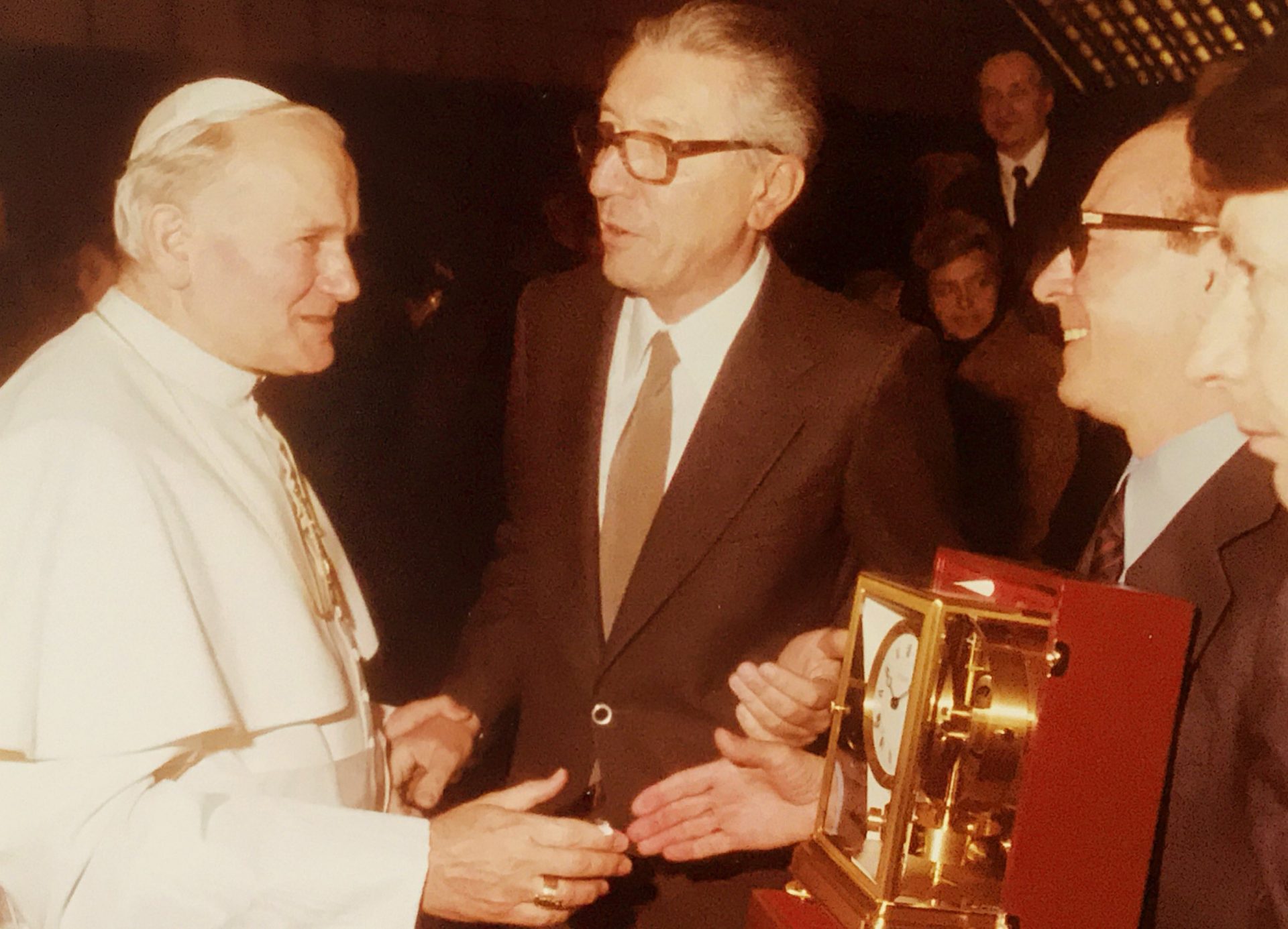 Giorgio Corvo presenting Pope Giovanni Paolo II with a Jaeger-LeCoultre Atmos clock for A Collected Man London