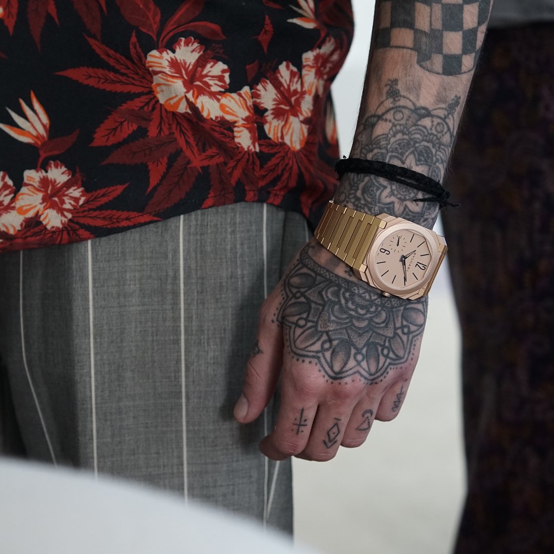 Bulgari Octo Finissimo sand blasted rose gold on Zyan Malik’s wrist for A Collected Man London